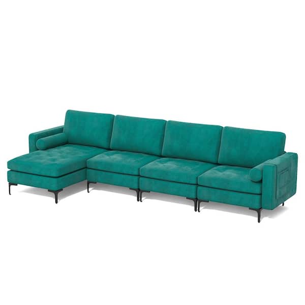 Costway 128 in. W Square Arm 4-Piece Suede Modular Sectional Sofa in Blue with Socket USB Ports and Side Storage Pocket