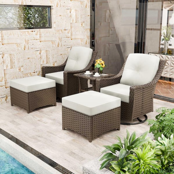 INMITOM 5-Piece Outdoor Wicker Conversation Set with Beige Cushions, Footstool. Side Table