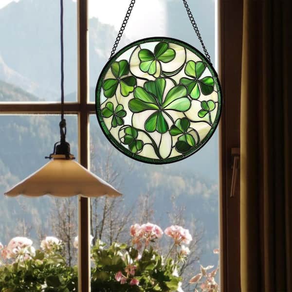 Green Clover Flowers Suncatcher Stained Glass Art Glass Window