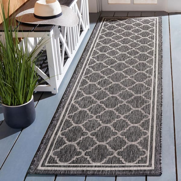 Courtyard Black Charcoal 2 ft. x 8 ft. Border Quatrefoil Indoor/Outdoor Runner Rug