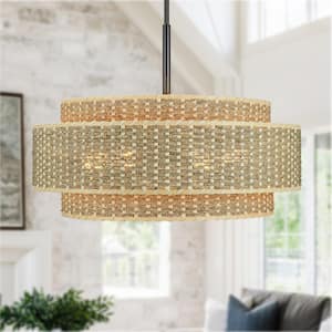 Orion 26 in. 6-Light Seagrass Chandelier Pendant with 3-Tiered Rattan Shade, Adjustable for Coastal and Farmhouse Decor