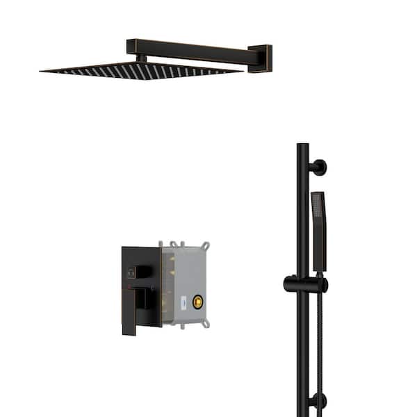 Logmey 2-Spray Patterns with 1.8 GPM 12 in. Wall Mount Rain Shower Head with Sliding Bar in Oil Rubbed Bronze