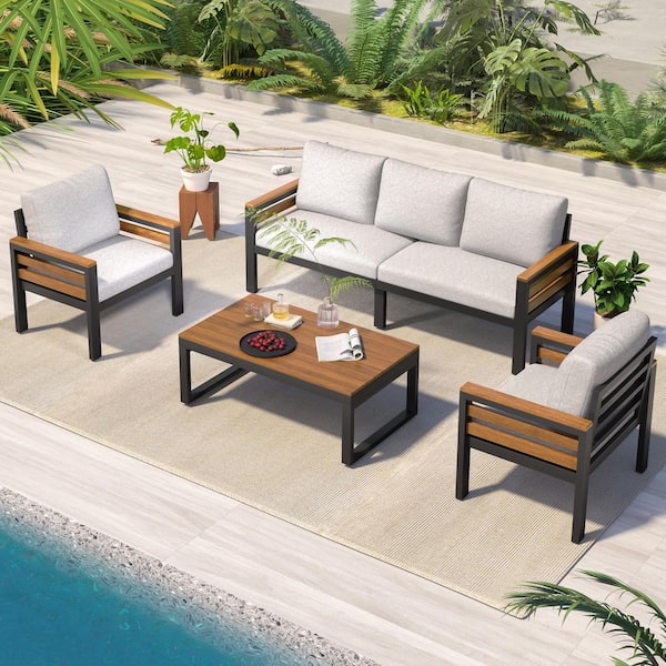 4-Piece Black and Wood Outdoor Sectional Sofa Set Furniture with Beige Cushions and Coffee Table, for Backyard, Patio