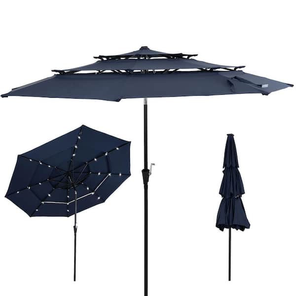 Sunnydaze 3-Tier Outdoor 10 ft. Steel Cantilever Market Solar Lights Tilt and Crank Patio Umbrella in Navy Blue