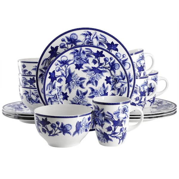 Elama Elama Cineraria 16 Piece Round Porcelain Dinnerware Set in Blue and White
