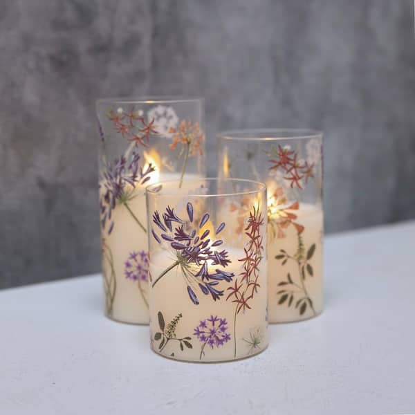 Battery Operated Hurricane White LED Candles, Wildflower Design-Set of 3