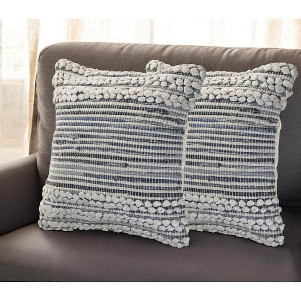Blue, Ivory Striped Polyester 18 in. x 18 in. Throw Pillow Set of 2