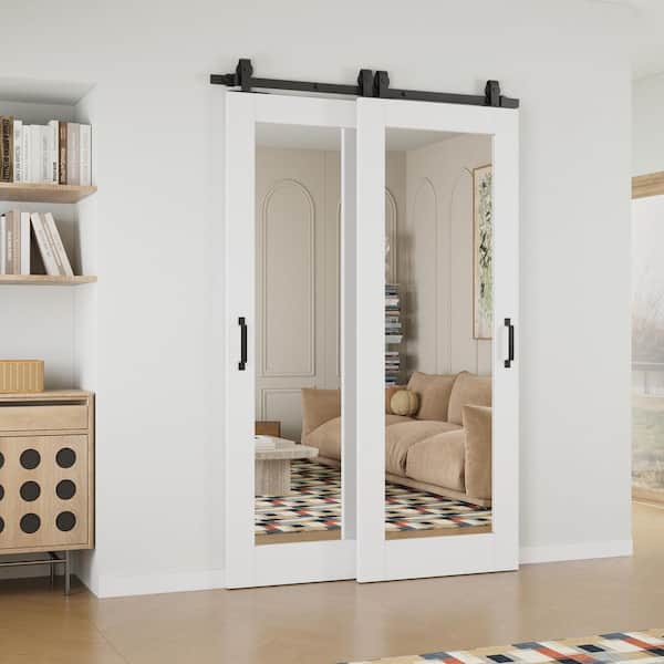 52 in. x 80 in. (Double 30 in.) 1-Lite Mirrored Glass White Primed MDF Sliding Barn Door with Hardware Kit Bypass