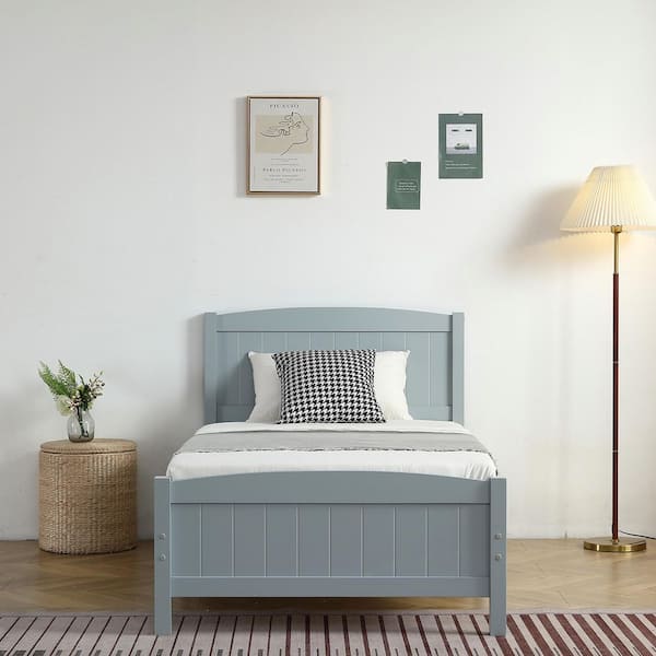 Gray Pine Wood Frame Twin Platform Bed with Single-Layer Core Vertical Stripe Full-Board Curved Bed Head