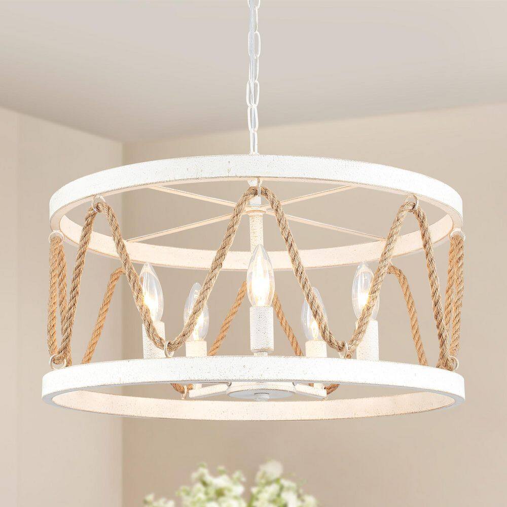 5-Light White Farmhouse Height Adjustable Drum Hemp Rope Chandelier for Living Room with No Bulbs Included price history on PriceWatchPro
