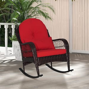 Wicker Outdoor Rocking Chair with Red Cushions and Lumbar Pillow 2 of Chairs Included