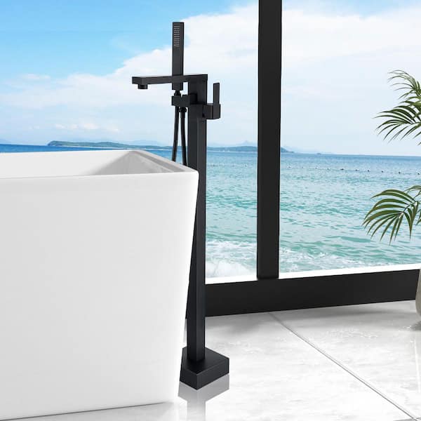 Single-Handle High Flow Freestanding Floor Mount Tub Faucet with Hand Shower in Matte Black