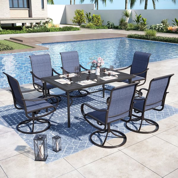 PHI VILLA Black 7-Pieces Metal Outdoor Patio Dining Set with Rectangle Table and Padded Blue Texitilene Swivel Chairs