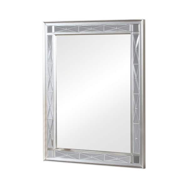 Benjara Etched 1.5 in. W x 40.75 in. H Rectangular Wooden Framed Wall Mounted Bathroom Vanity Mirror in Metallic Silver