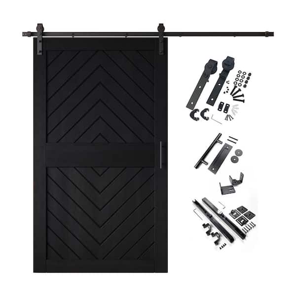 JT2 50 in. x 84 in. C-Panel Black Fishbone Design Solid Pine Wood Sliding Barn Door with Hardware Kit