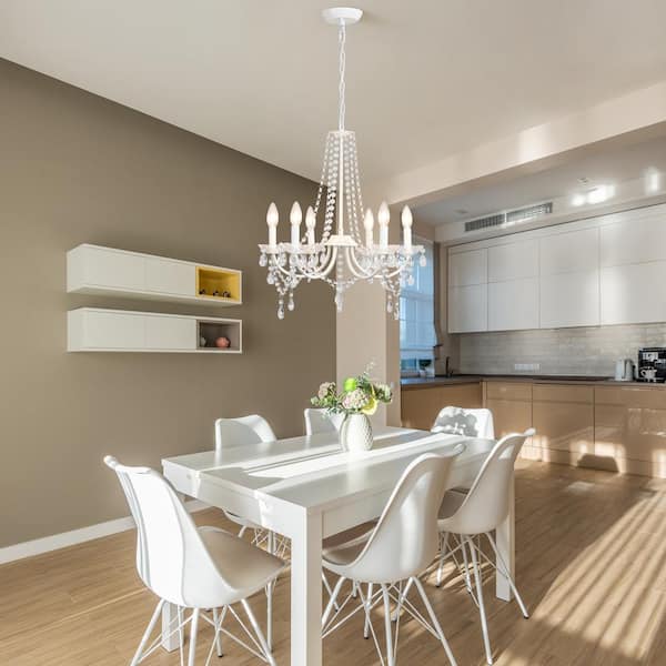 6-Light White Classic Candlestick Crystal Hanging Linear Chandelier Lighting for Dining Room Kitchen Island