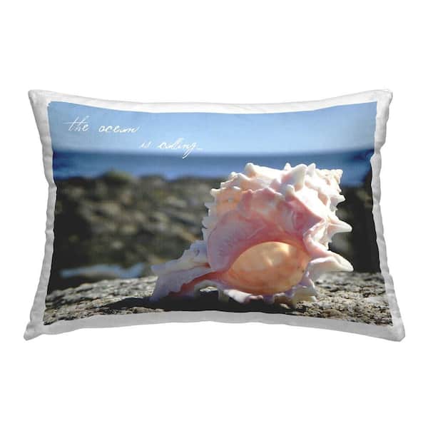 Stupell Industries Ocean Is Calling Shell Blue Print Polyester 14 in. x 20 in. Throw Pillow