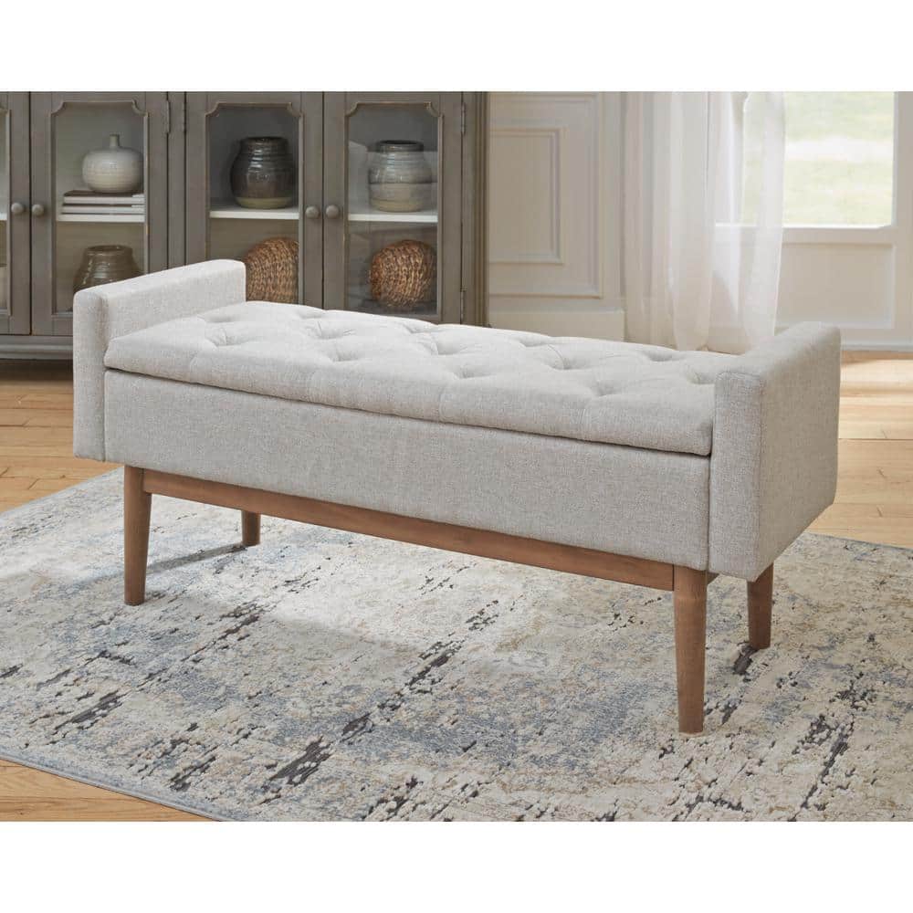 Beige and Brown Tufted Upholstered Storage Bench with Wood Legs