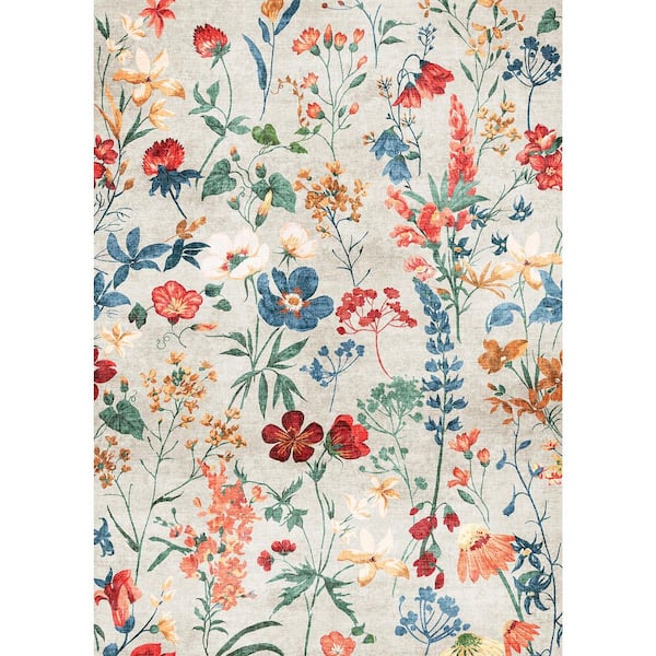 April Beige 9 ft. x 12 ft. Floral Washable Area Rug