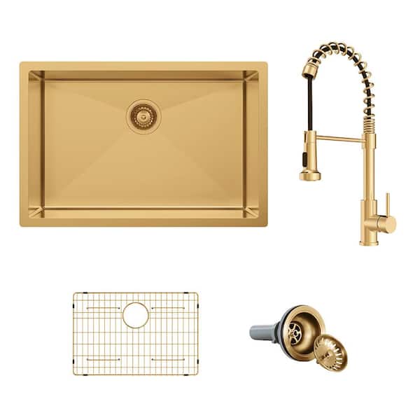 30 in. Undermount Single Bowl 18 Gauge Gold Stainless Steel Kitchen Sink with Spring Neck Faucet and Accessories