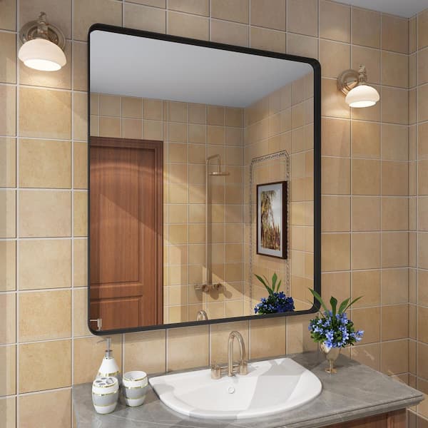 32 in. W x 36 in. H Rectangular Aluminum Alloy Frame Inner Deep Design and Tempered Glass Wall Mirror in Matte Black