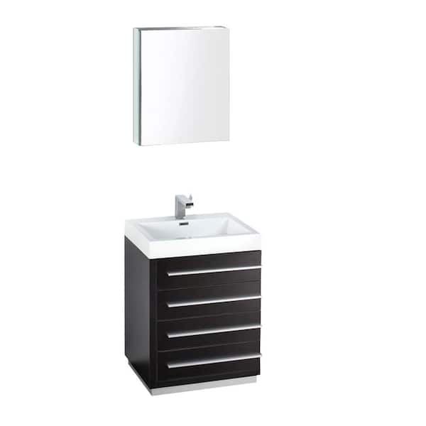 Livello 24 in. Vanity in Black with Acrylic Vanity Top in White with White Basin and Mirrored Medicine Cabinet