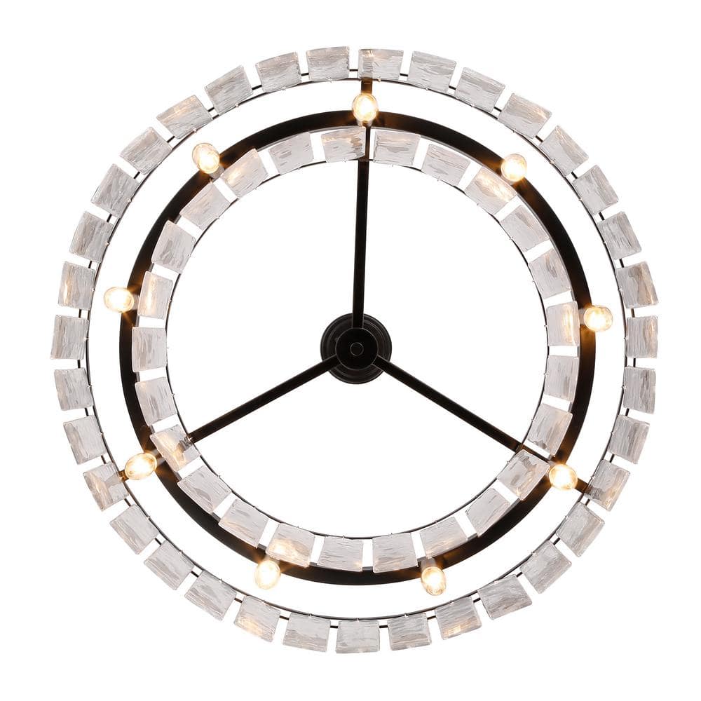 Matte Black 27" Drum Chandelier with Hammered Glass Panels