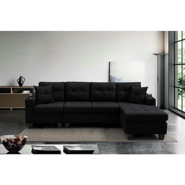 96 in. Square Arm Polyester Straight Sofa in Black