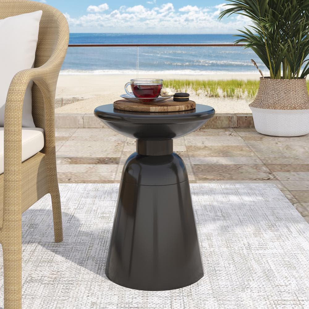 Black Powder-Coated Iron Pedestal Outdoor Side Table