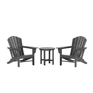 Mason Gray 3-Piece Poly Plastic Outdoor Patio Classic Adirondack Fire Pit Chair Set With 2-Chairs and Side Table