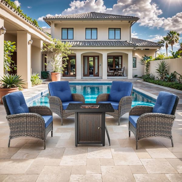 Brown 5-Piece Wicker Patio Fire Pit Set, Outdoor 4-Person Seating Set with Olefin Navy Blue Cushions and Armchairs