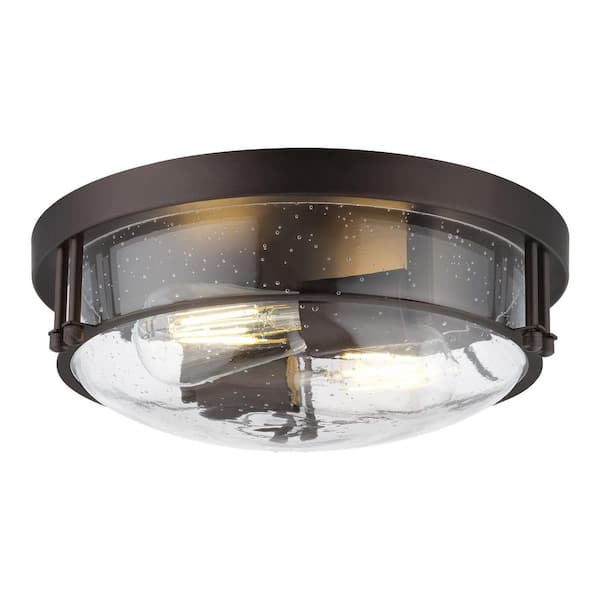 12.05 in. 2-Light Oil Rubbed Bronze Flush Mount with Clear Glass Shade and No Bulbs