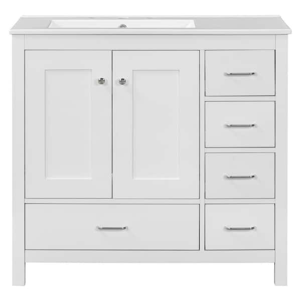 36 in. W Freestanding White Bath Vanity with White Ceramic Top with 2 Drawers& Soft Closing Doors