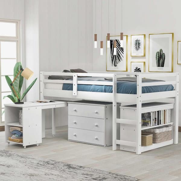 White Twin Wood Loft Bed with Cabinet and Rolling Portable Desk