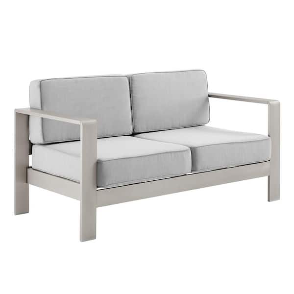 Linon Home Decor Kelten Anodized Grey Aluminum Outdoor Loveseat with Polyester Gray Cushions