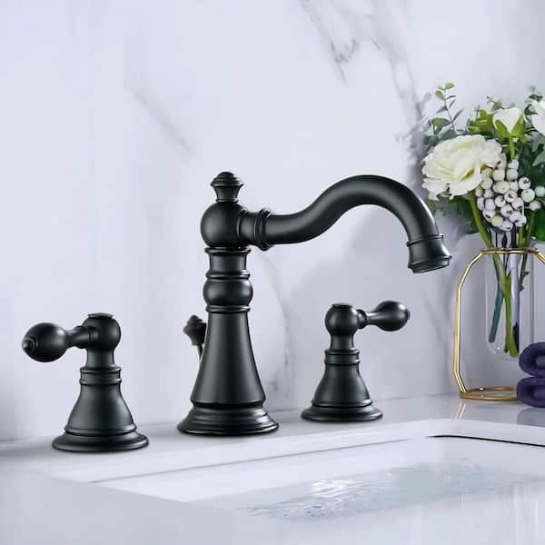 Vintage 8 in. Widespread Double Handle 360° Swivel Spout Bathroom Faucet with Pop-up Drain in Matte Black