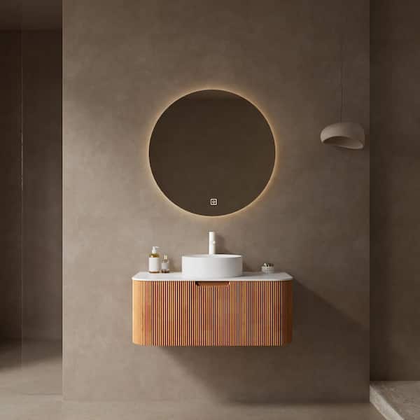 36 in. Wall-Mounted Natural Bath Vanity with White Ceramic Top and White Round Ceramic Basin
