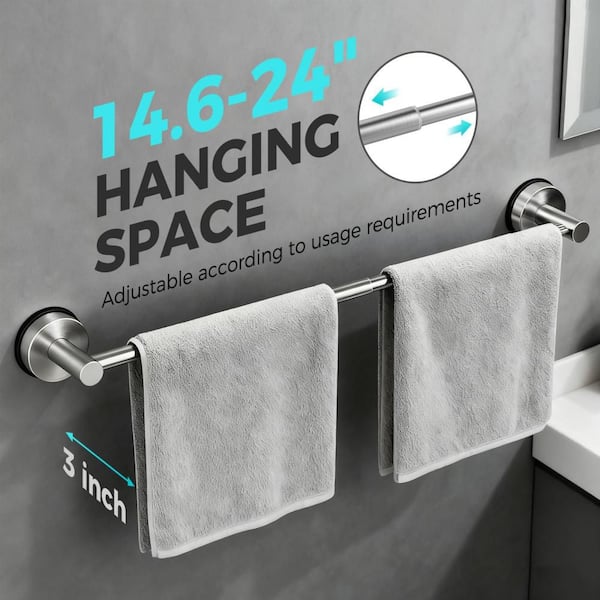 Stainless Steel 24 in. Suction Cup Wall Mounted Towel Bar in Silver for Bathroom, Length Adjustable (Pack of 2)