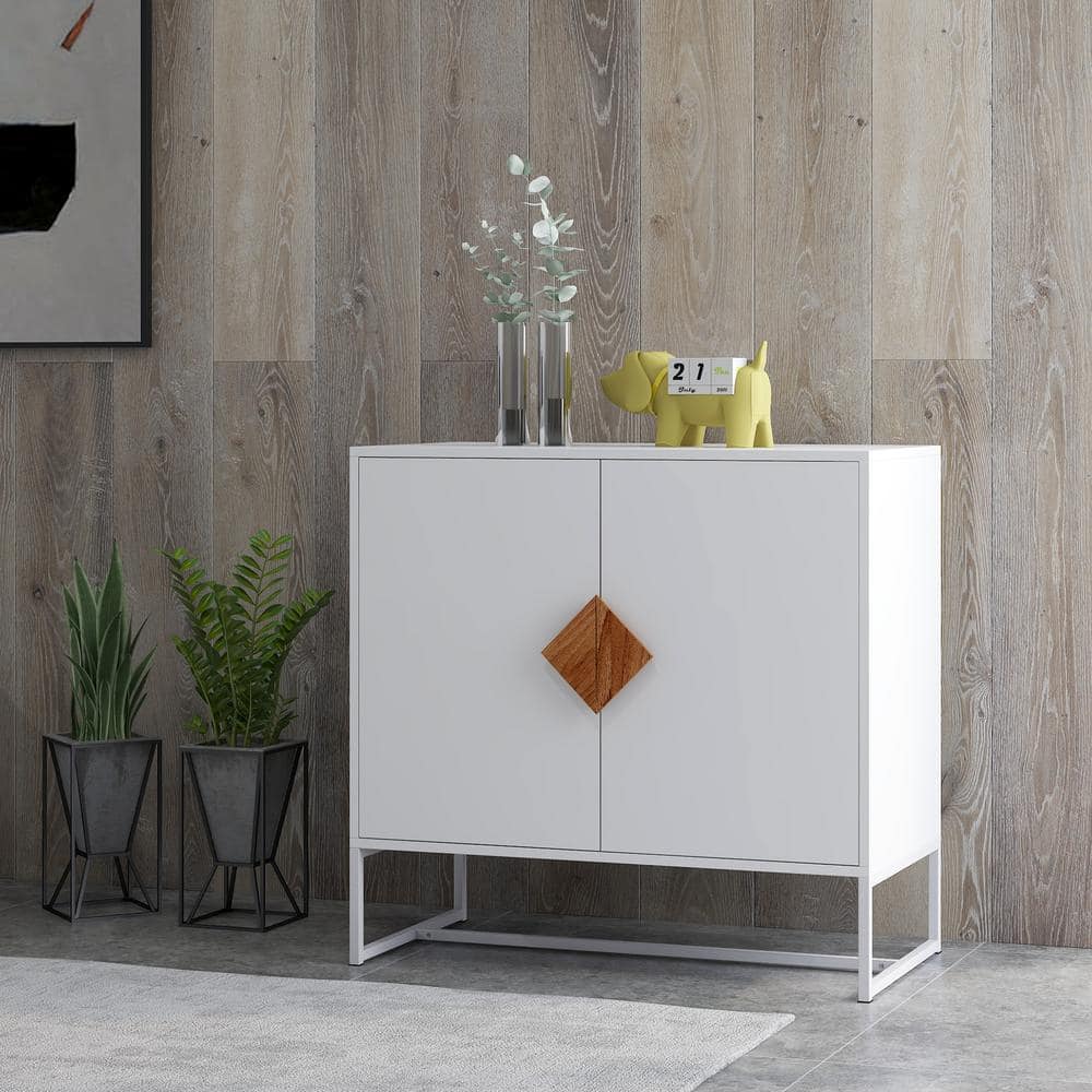 White MDF and Iron Frame Sideboard with Square Wooden Handle