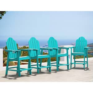 Hampton Aruba Blue Plastic Patio Tall Adirondack Chair Weather Resistant Outdoor Bar Stool with Cup Holder (Set of 4)