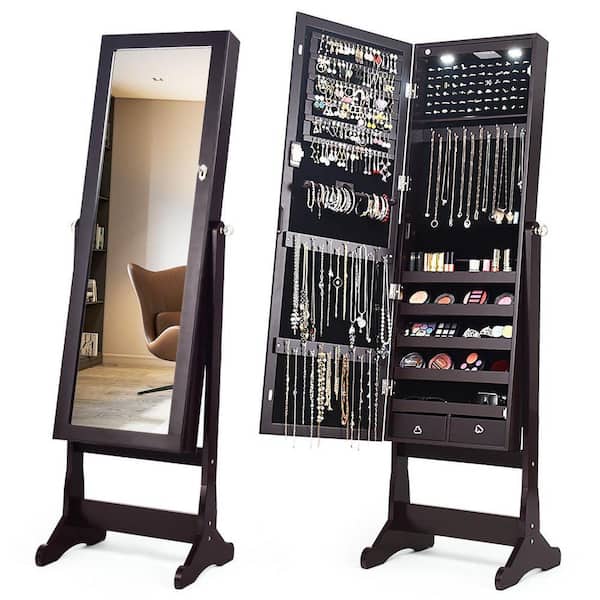 16 in. x 57.5 in. Brown Freestanding Lockable MDF Jewelry Armoire Storage Organizer with Full-Length Mirror and Lights