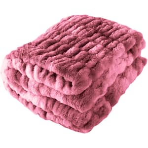 Oversized Pink Faux Fur Blanket - 60 x 80 in. Ruched Polyester Fur Blanket-Queen Blanket for Bed or Couch-Throw Blanket