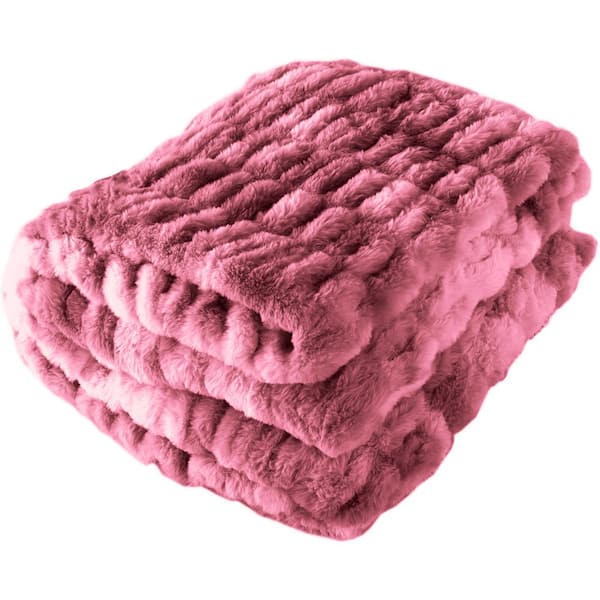 Lavish Home Oversized Pink Faux Fur Blanket - 60 x 80 in. Ruched Polyester Fur Blanket-Queen Blanket for Bed or Couch-Throw Blanket