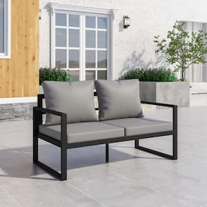 Russell Black 2 Seat Metal Outdoor Patio Furniture Couch Sofa Chair with CushionGuard Gray Cushions
