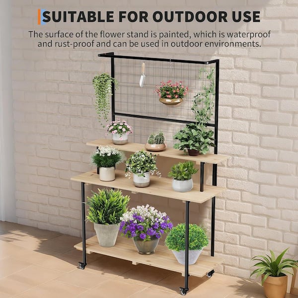 OUTGOODS 3-Tier Black Iron Natural Fir Wood Plant Stand with