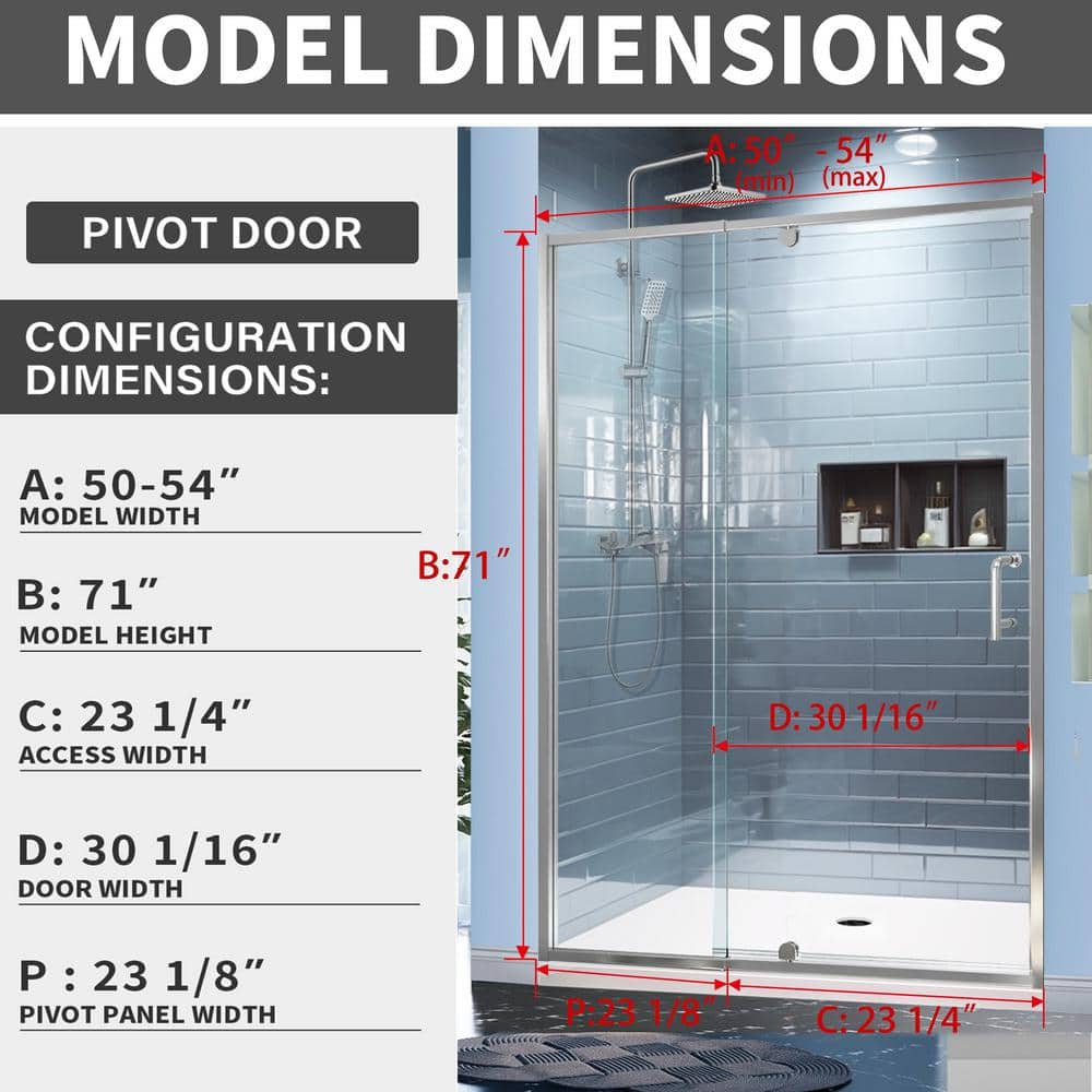 54 in. Chrome Semi-Frameless Pivot Shower Door with Clear Glass