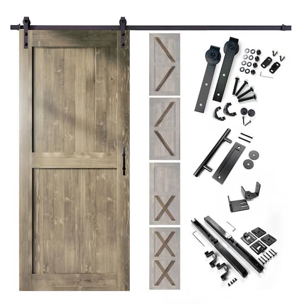 44 in. x 80 in. 5-in-1 Design Classic Gray Solid Pine Wood Interior Sliding Barn Door with Hardware Kit, Non-Bypass