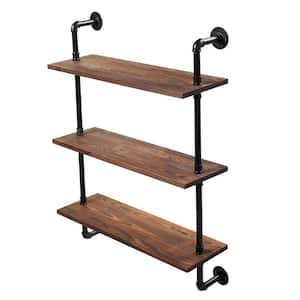 31.5 in. Brown Wood 3 Shelf Industrial Wall Mounted Iron Floating Pipe Shelves Racks Bookcase