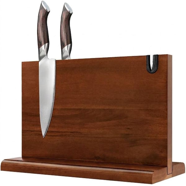 14 in. Acacia Wood Double-Sided Magnetic Knife Block with Knife Sharpener and Non-Slip Base