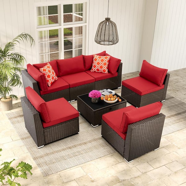 Unbranded 7-Piece Hand Woven PE Wicker/Rattan Outdoor Sectional Sofa Set Patio Conversation Set in Red Cushion